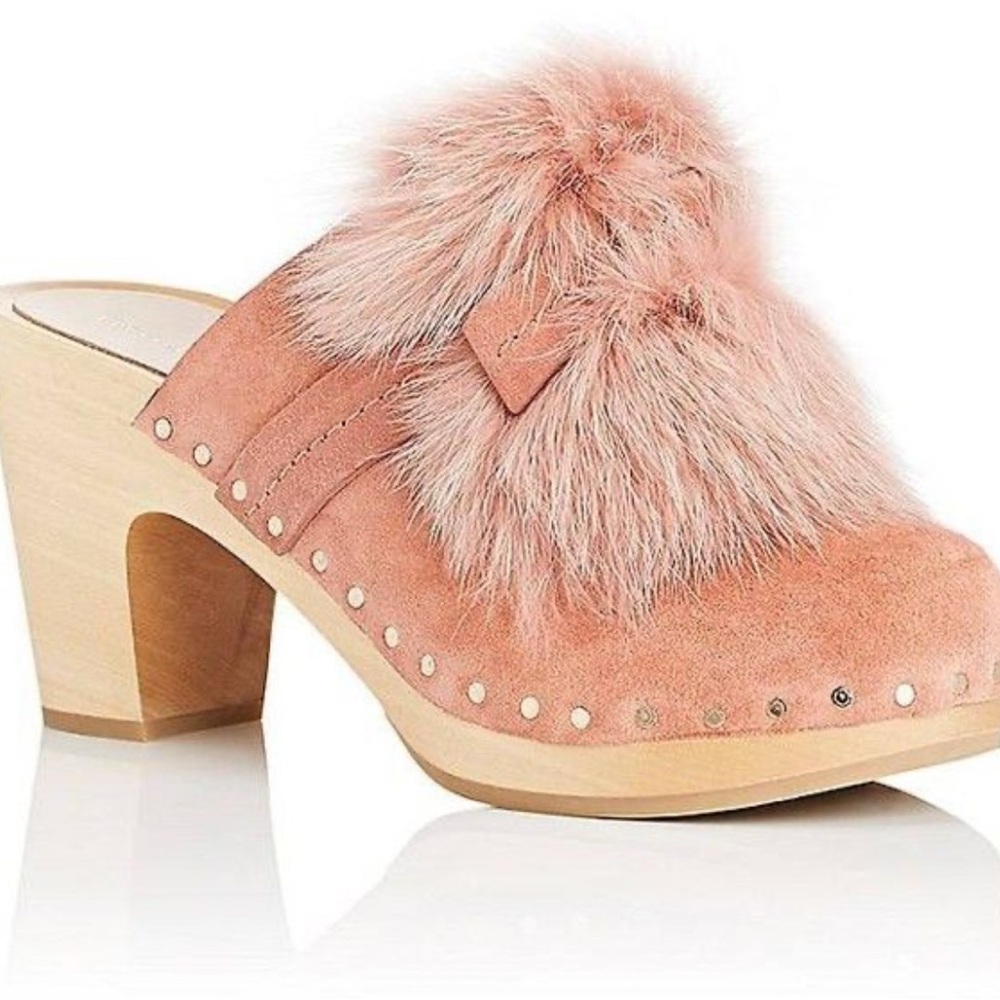 Loeffler Randall pink suede fluffy clogs